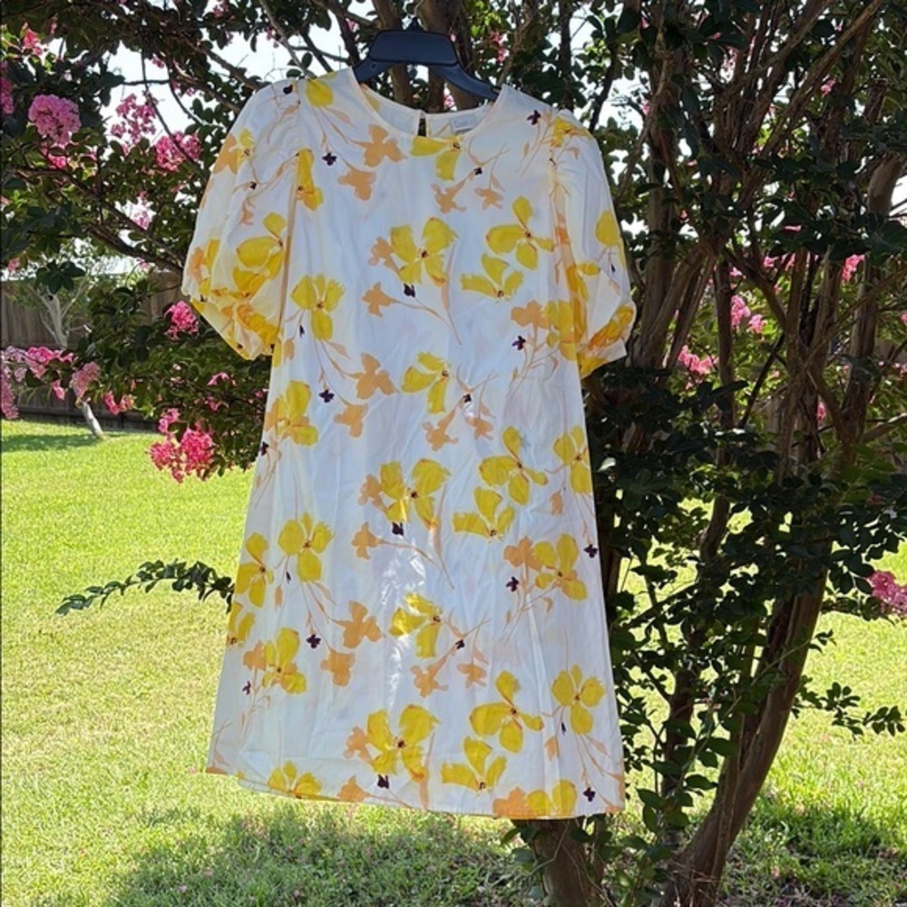 a new day White Dress with Yellow Floral Print and Puff Sleeves